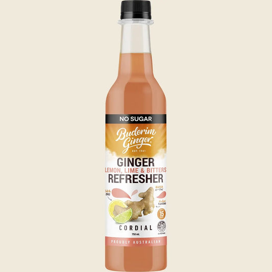 Buderim Ginger Lemon, Lime & Bitter Refresher Cordial No Sugar 750ml, Zesty Sugar-Free Sipper