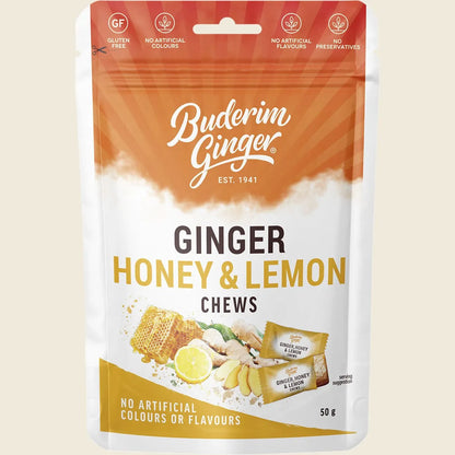 Buderim Ginger Honey & Lemon Chews 50g, Soothe, Sweeten & Revive