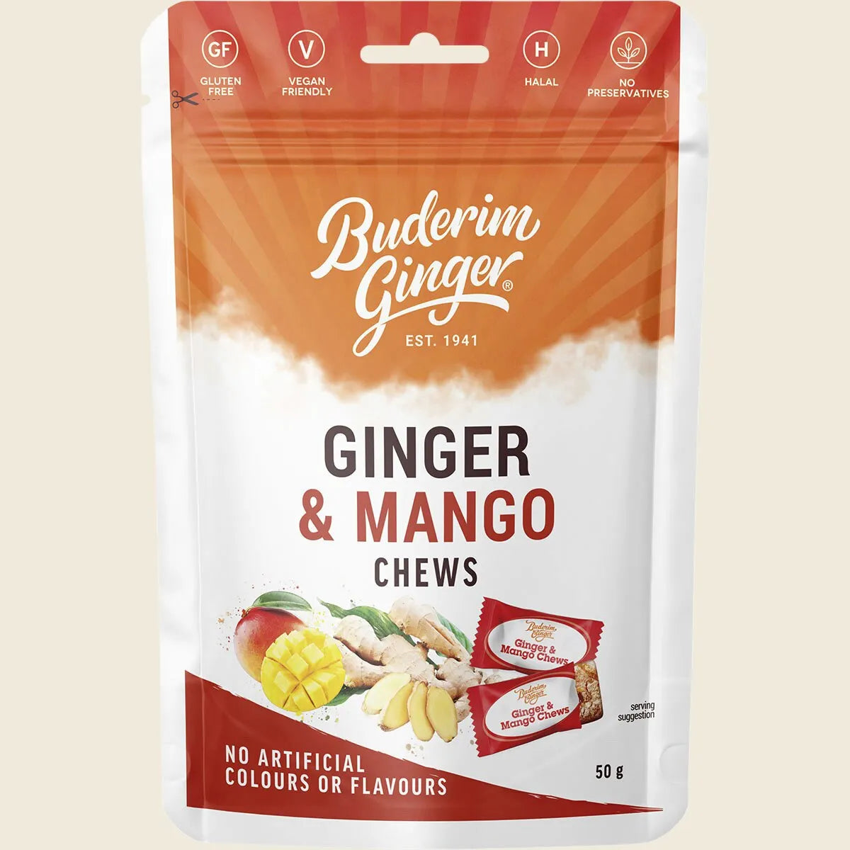 Buderim Ginger & Mango Chews 50g, Tropical Heat Meets Sweet