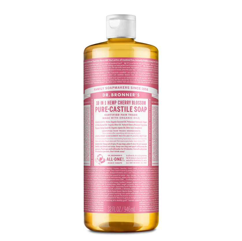 Dr Bronner's Organic 18-in-One Hemp Pure Castile Liquid Soap 59ml, 237ml, 473ml Or 946ml, Cherry Blossom