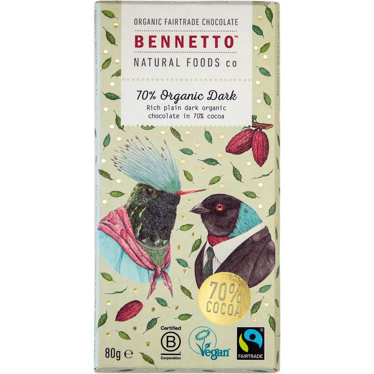 Bennetto Organic Dark Chocolate 80g, 70% Organic Dark