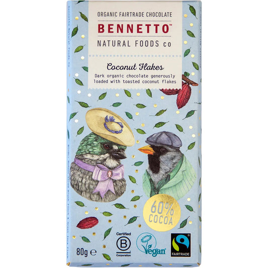 Bennetto Organic Dark Chocolate 80g, With Toasted Coconut Flakes