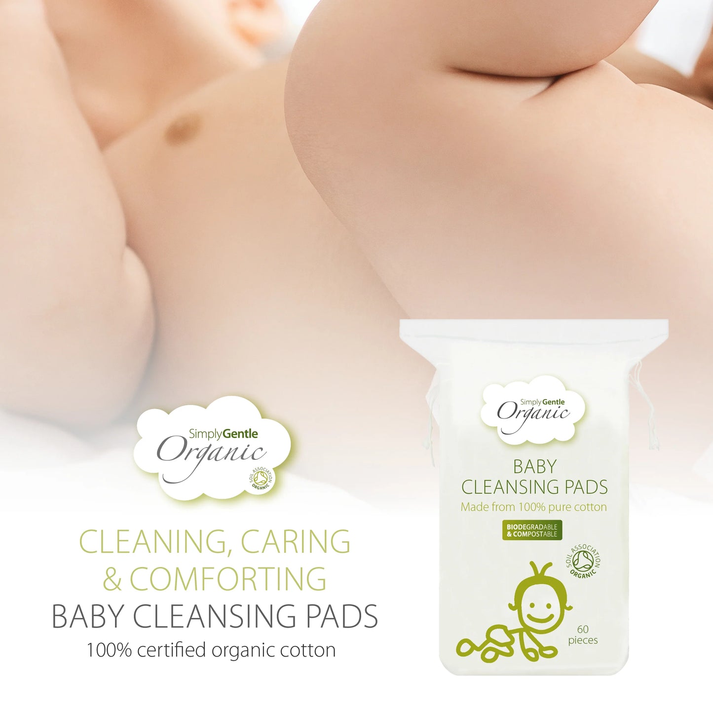 Simply Gentle Organic Baby Cotton Cleansing Pads 60 Pk, Cleaning Caring & Comforting