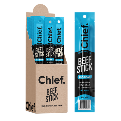 Chief. Organic Grass-Fed Beef Stick Single 25g Or A Box Of 12, Sea Salt Flavour With 9g Protein