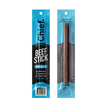 Chief. Organic Grass-Fed Beef Stick Single 25g Or A Box Of 12, Sea Salt Flavour With 9g Protein