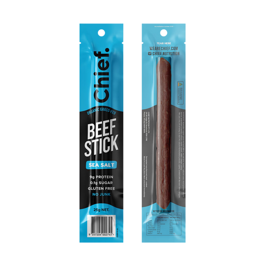 Chief. Organic Grass-Fed Beef Stick Single 25g Or A Box Of 12, Sea Salt Flavour With 9g Protein