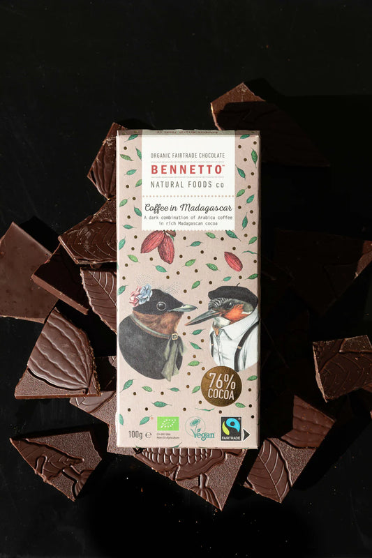 Bennetto Organic Dark Chocolate 80g, 72% Cacao With Arabica Coffee