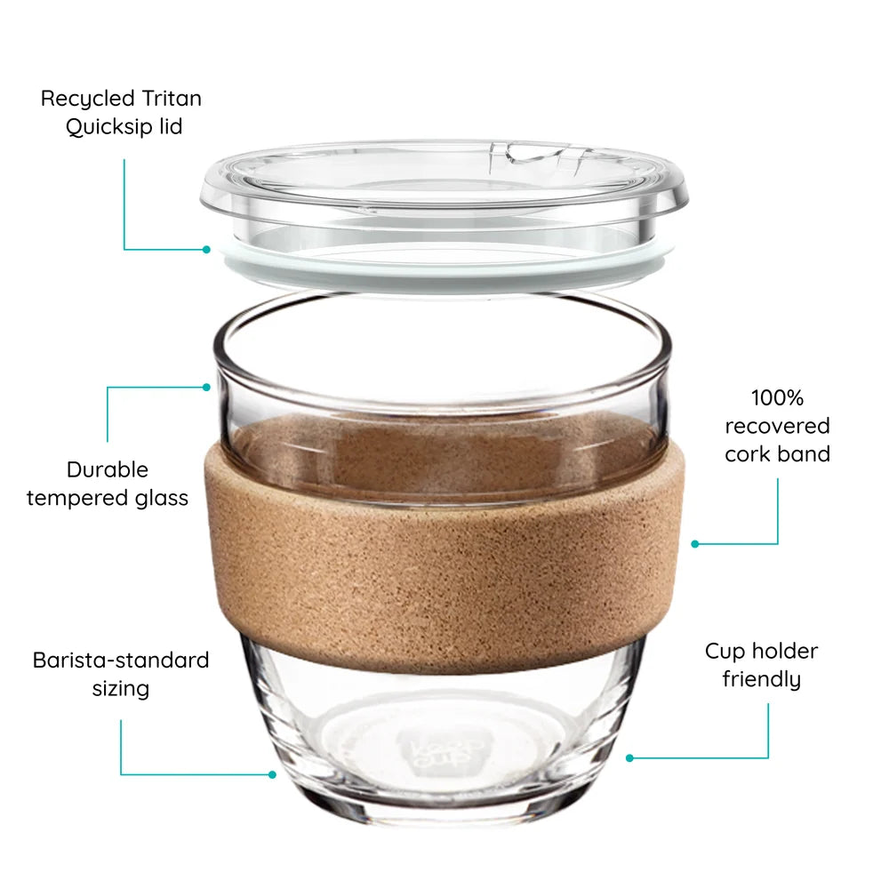 KeepCup Brew Glass Cup With A Cork Band QUICKSIP| S-8oz, M-12oz Or L-16oz
