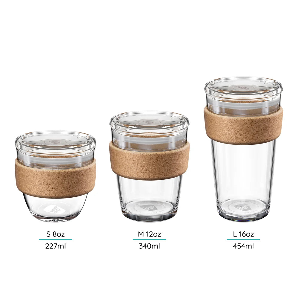 KeepCup Brew Glass Cup With A Cork Band QUICKSIP| S-8oz, M-12oz Or L-16oz