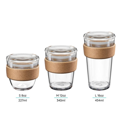 KeepCup Brew Glass Cup With A Cork Band QUICKSIP| S-8oz, M-12oz Or L-16oz