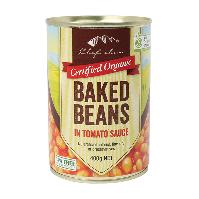 Chef's Choice Certified Organic Baked Beans In Tomato Sauce 400g, No Artificial Colours Or Preservatives