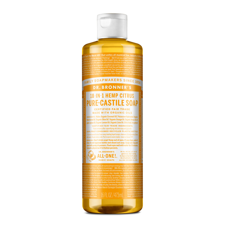 Dr Bronner's Organic 18-in-One Hemp Pure Castile Liquid Soap 59ml, 237ml, 473ml Or 946ml, Citrus Orange