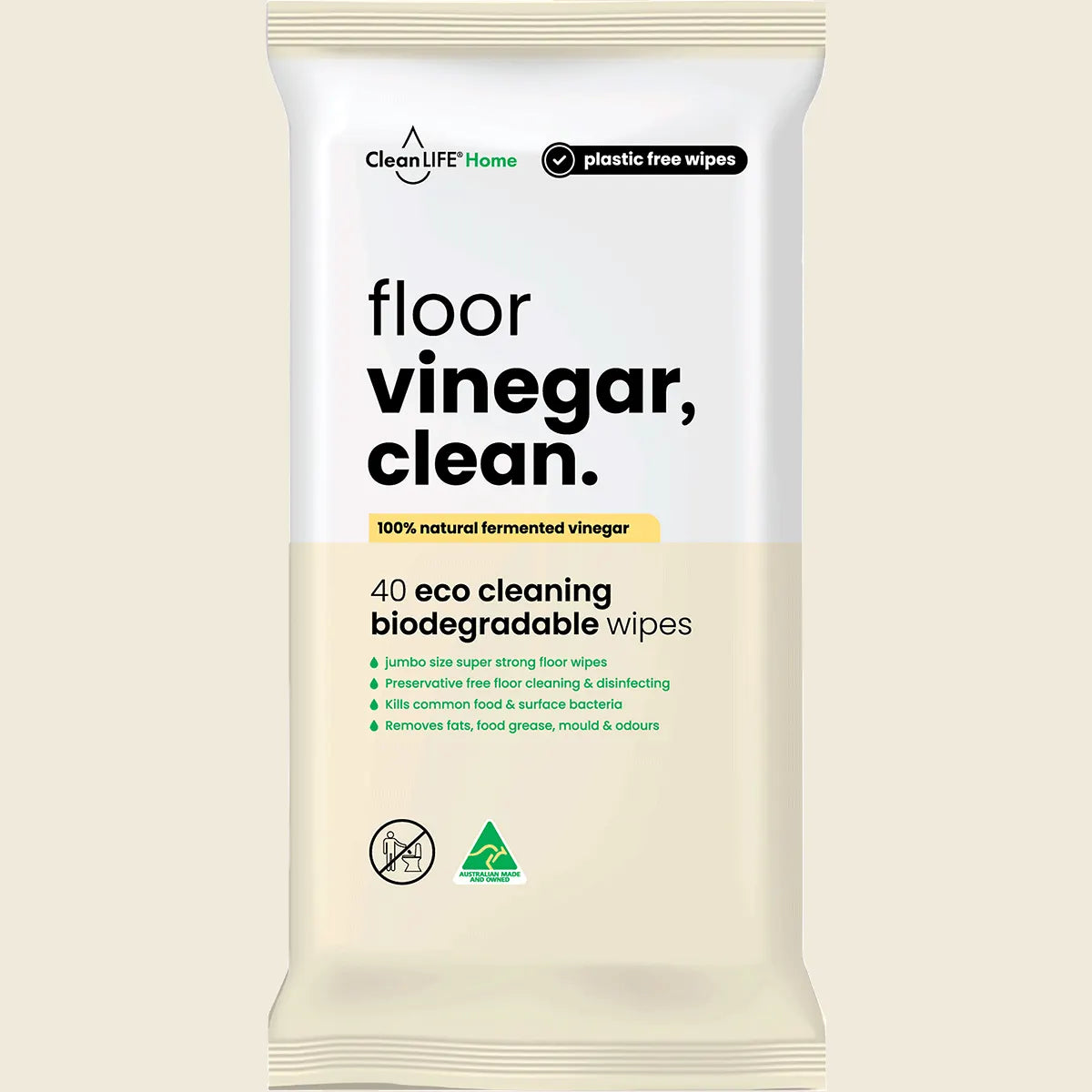 CleanLIFE Vinegar Clean Floor Plastic Free Wipes 40pk, Powerful Clean Planet Approved.