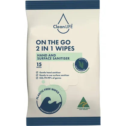 Clean LIFE On The Go 2 In 1 Hand & Surface Sanitiser Plastic Free Wipes 15pk, For "Must Have" Moments