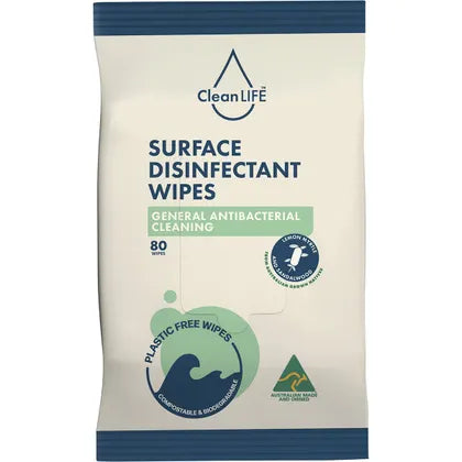 Clean LIFE Surface Disinfectant Plastic Free Wipes 80pk, General Antibacterial Cleaning
