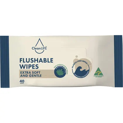 Clean LIFE Flushable Plastic Free Wipes 40pk, Extra Soft & Gentle