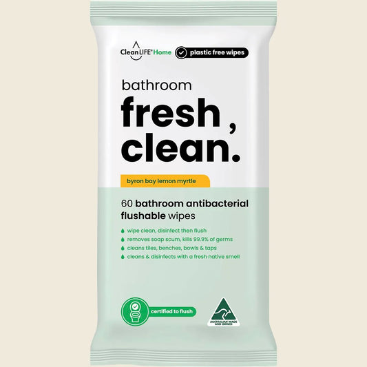 CleanLIFE Bathroom Fresh Clean Flushable Plastic Free Wipes 60 pack, Kills 99.9% Germs