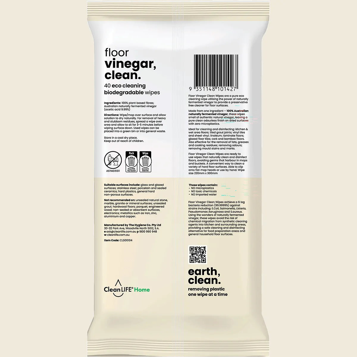 CleanLIFE Vinegar Clean Floor Plastic Free Wipes 40pk, Powerful Clean Planet Approved. (Copy)