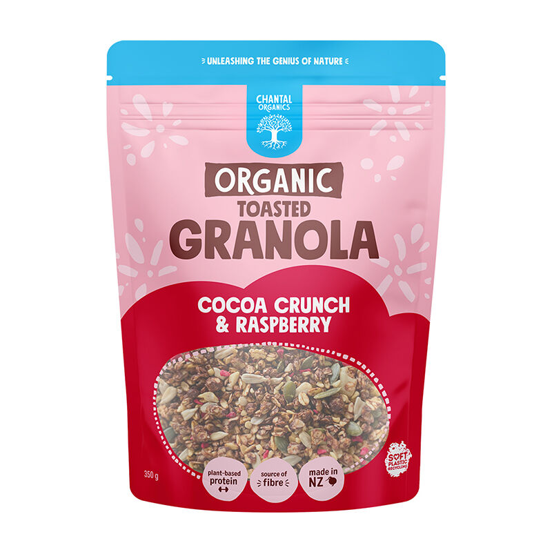 Chantal Organics Organic Cocoa Crunch & Raspberry Granola 350g, With Crunchy Chocolatey Organic Oats