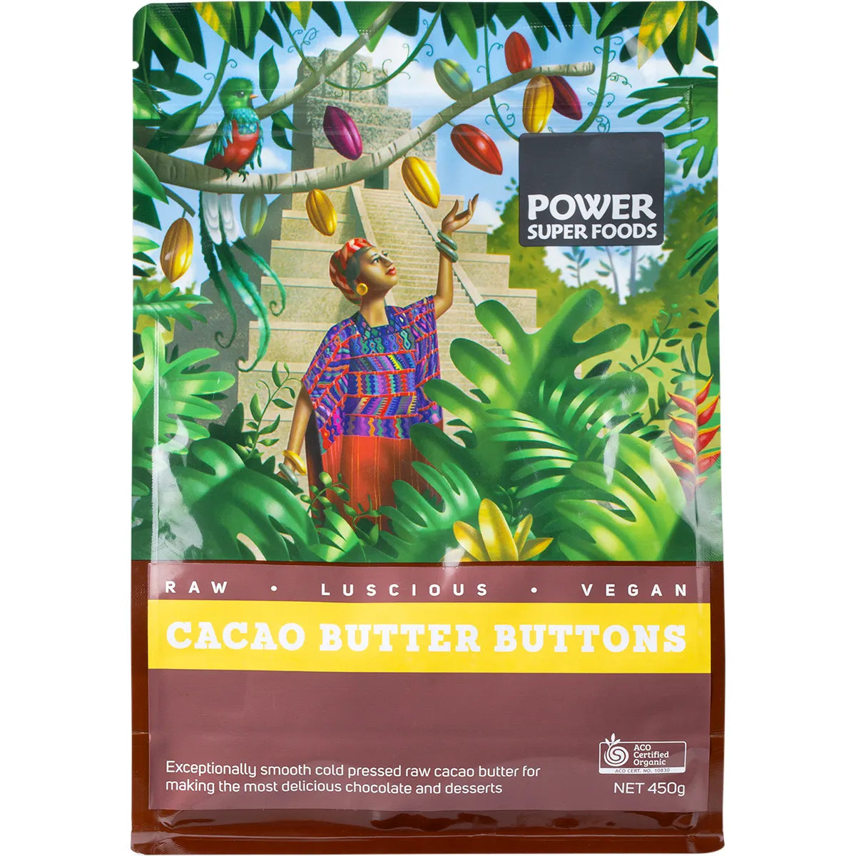 Power Super Foods Certified Organic Cacao Butter Buttons 250g Or 450g, Exceptionally smooth & Cold-Pressed