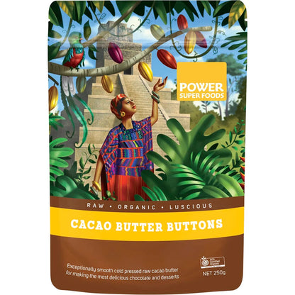 Power Super Foods Certified Organic Cacao Butter Buttons 250g Or 450g, Exceptionally smooth & Cold-Pressed