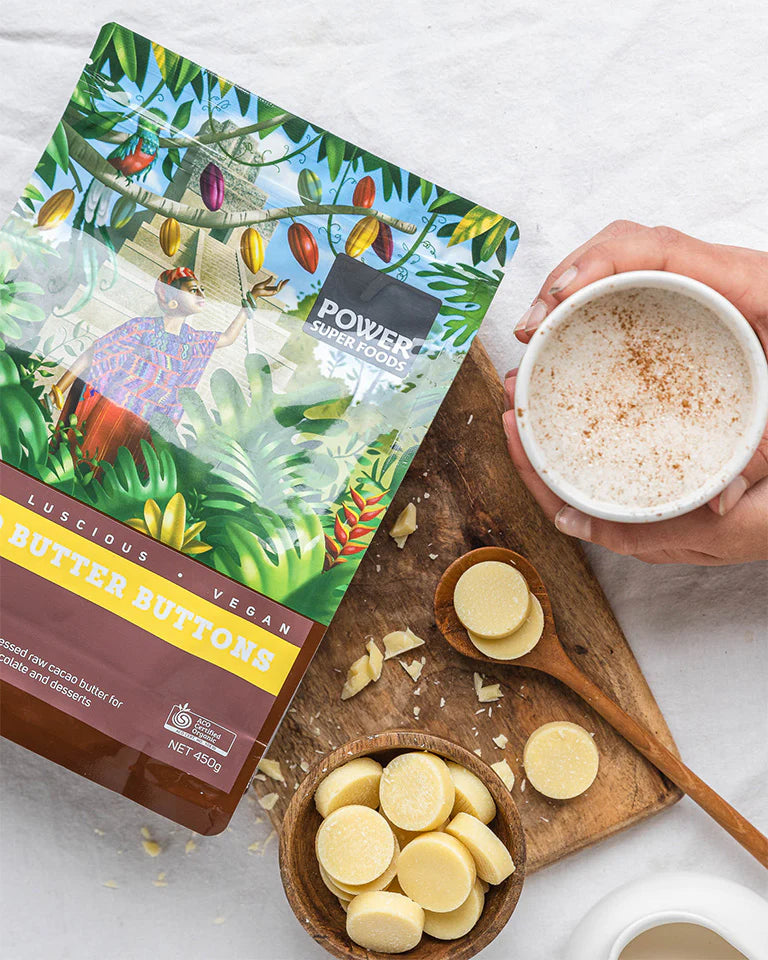 Power Super Foods Certified Organic Cacao Butter Buttons 250g Or 450g, Exceptionally smooth & Cold-Pressed