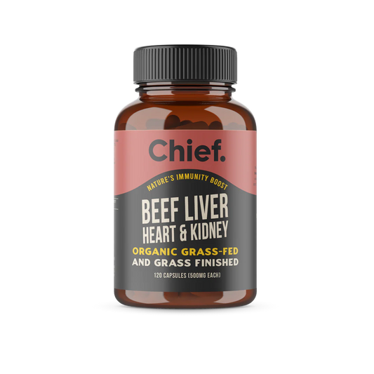 Chief. Organic Grass-Fed Beef Liver Heart & Kidney 120 Capsules, No Added Hormones Or Antibiotics