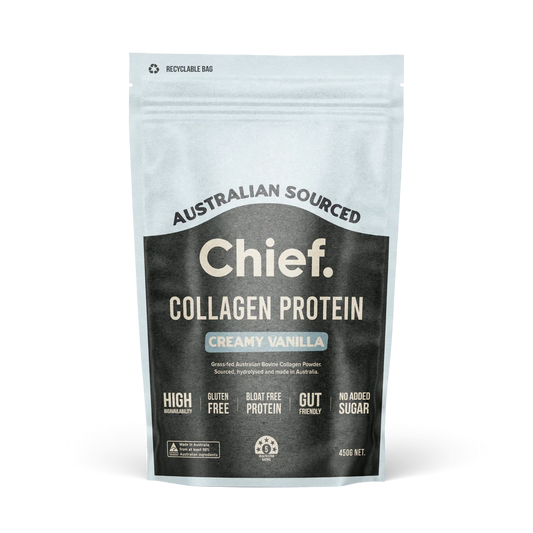 Chief. Grass-Fed Collagen Protein Powder 450g, Creamy Vanilla Flavour; Gut Friendly & Zero Sugar