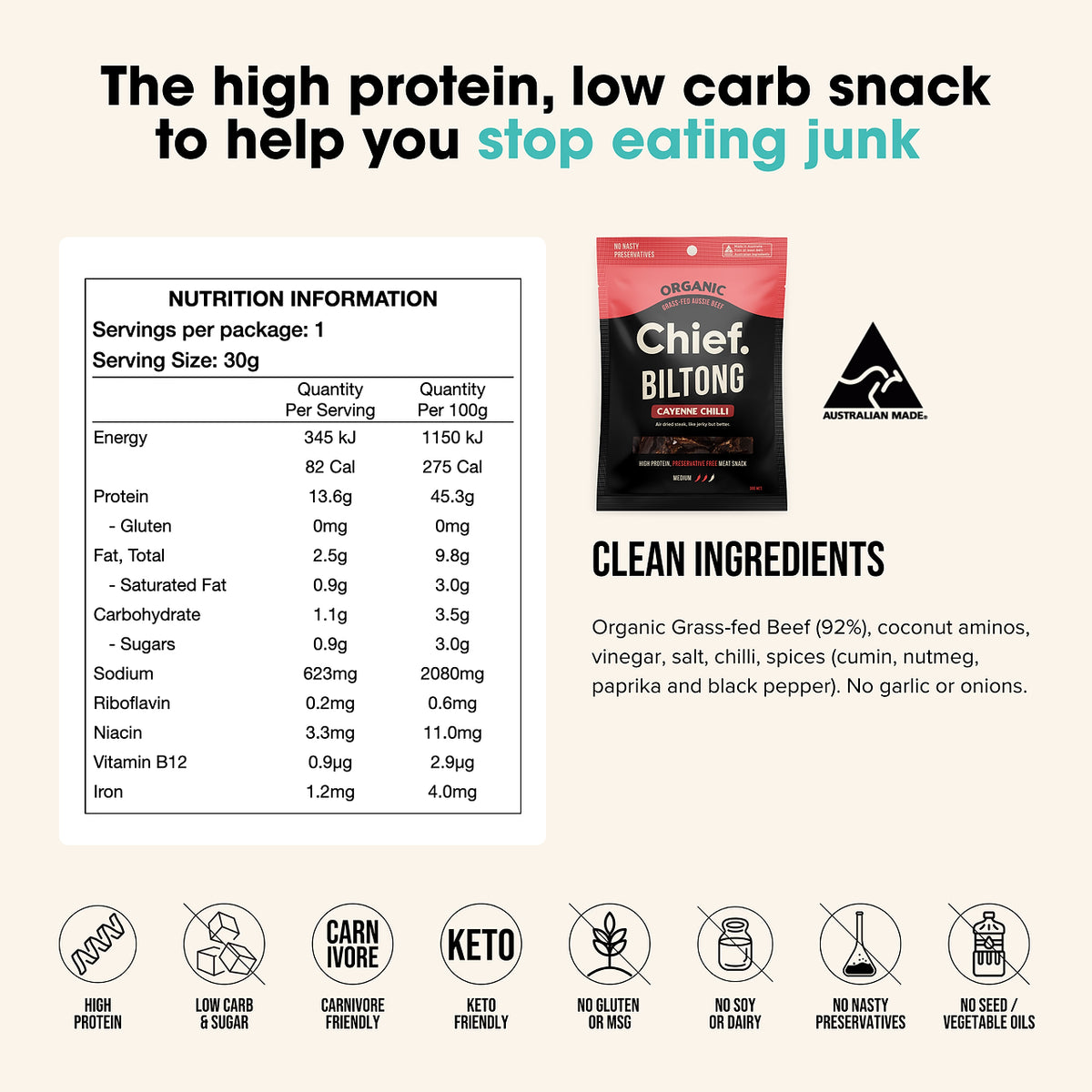 Chief. Cayenne Chilli Biltong 30g, Air Dried Steak