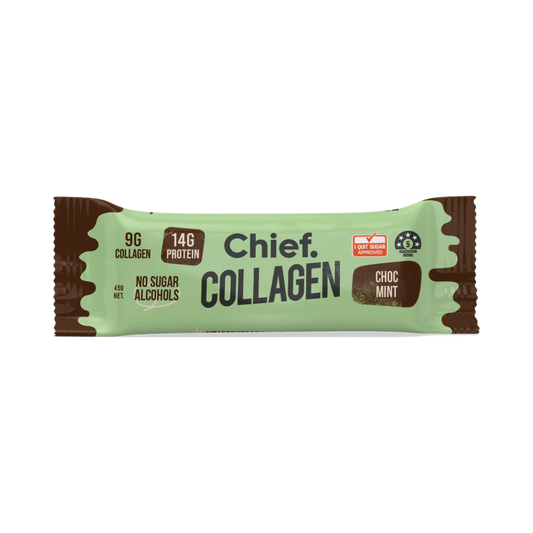 Chief. Collagen Bar Single Bar 45g Or A Box Of 12, Choc Mint Flavour