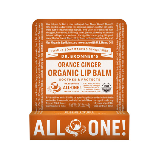 Dr Bronner's Organic Lip Balm 4g, Orange Ginger Flavour Soothes & Protects