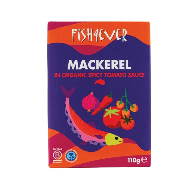 Fish 4 Ever Mackerel Fillets In Organic Spicy Tomato Sauce 110g, BPA Free