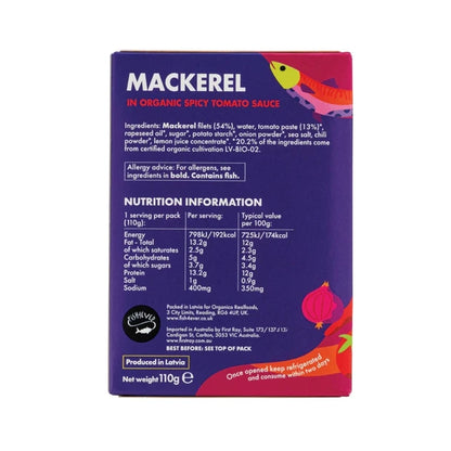 Fish 4 Ever Mackerel Fillets In Organic Spicy Tomato Sauce 110g, BPA Free