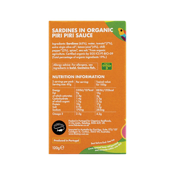Fish 4 Ever Sardines In Organic Piri Piri Sauce 120g, Sustainably Fished
