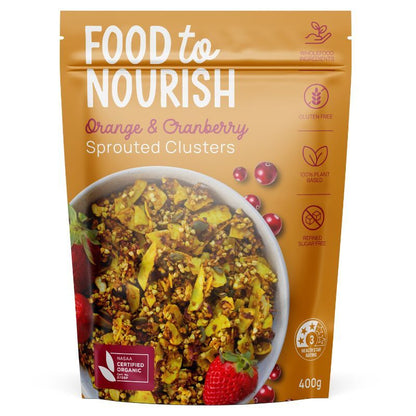Food To Nourish Certified Organic Sprouted Orange & Cranberry Clusters 400g, Refined Sugar Free
