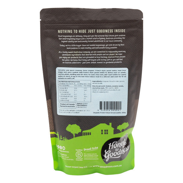 Honest To Goodness French Style Green Lentils 500g, Use In Salads, Soups & Curries Australian Certified Organic