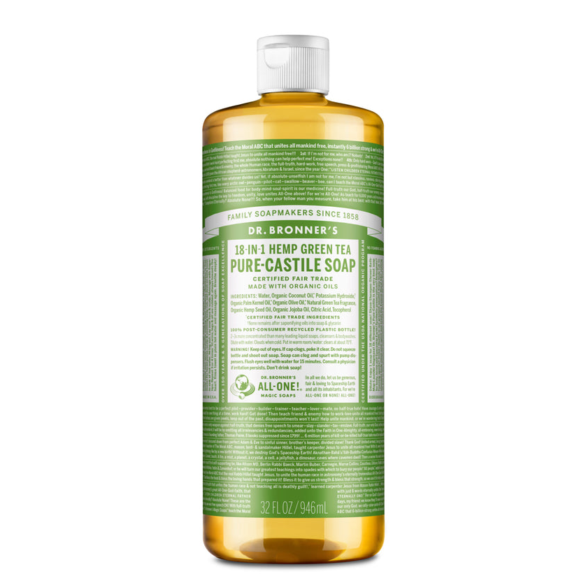 Dr Bronner's Organic 18-in-One Hemp Pure Castile Liquid Soap 59ml, 237ml, 473ml Or 946ml, Green Tea Fragrance