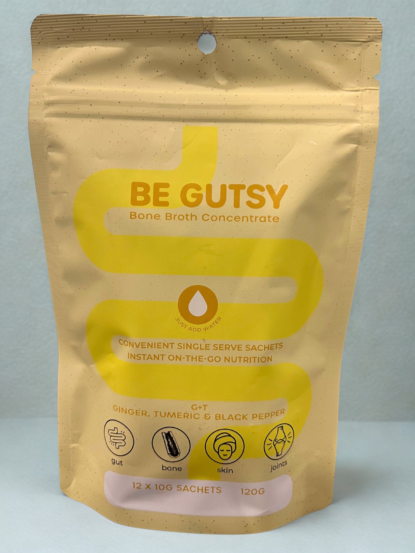 Be Gutsy Bone Broth Concentrate Ginger & Turmeric Flavour 12 X 10g Sachets, Instant ON-THE-GO Nutrition