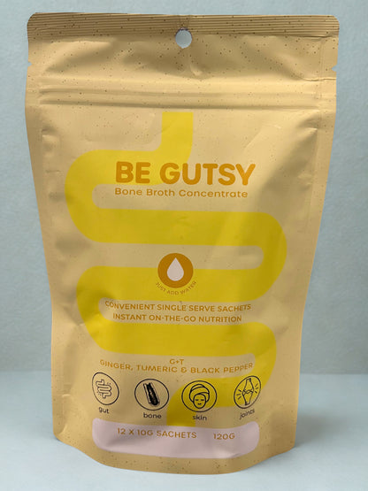 Be Gutsy Bone Broth Concentrate Ginger & Turmeric Flavour 12 X 10g Sachets, Instant ON-THE-GO Nutrition