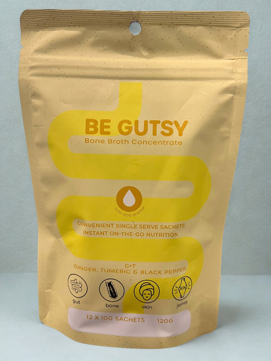 Be Gutsy Bone Broth Concentrate Ginger & Turmeric Flavour 12 X 10g Sachets, Instant ON-THE-GO Nutrition