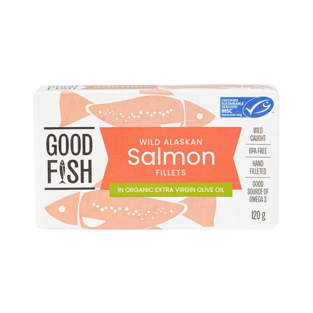 Good Fish Wild Caught Alaskan Salmon Fillets 120g, In Organic Extra Virgin Olive Oil  {BPA-Free Lining}
