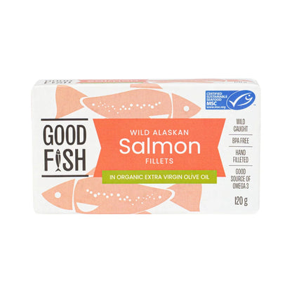 Good Fish Wild Caught Alaskan Salmon Fillets 120g, In Organic Extra Virgin Olive Oil  {BPA-Free Lining}