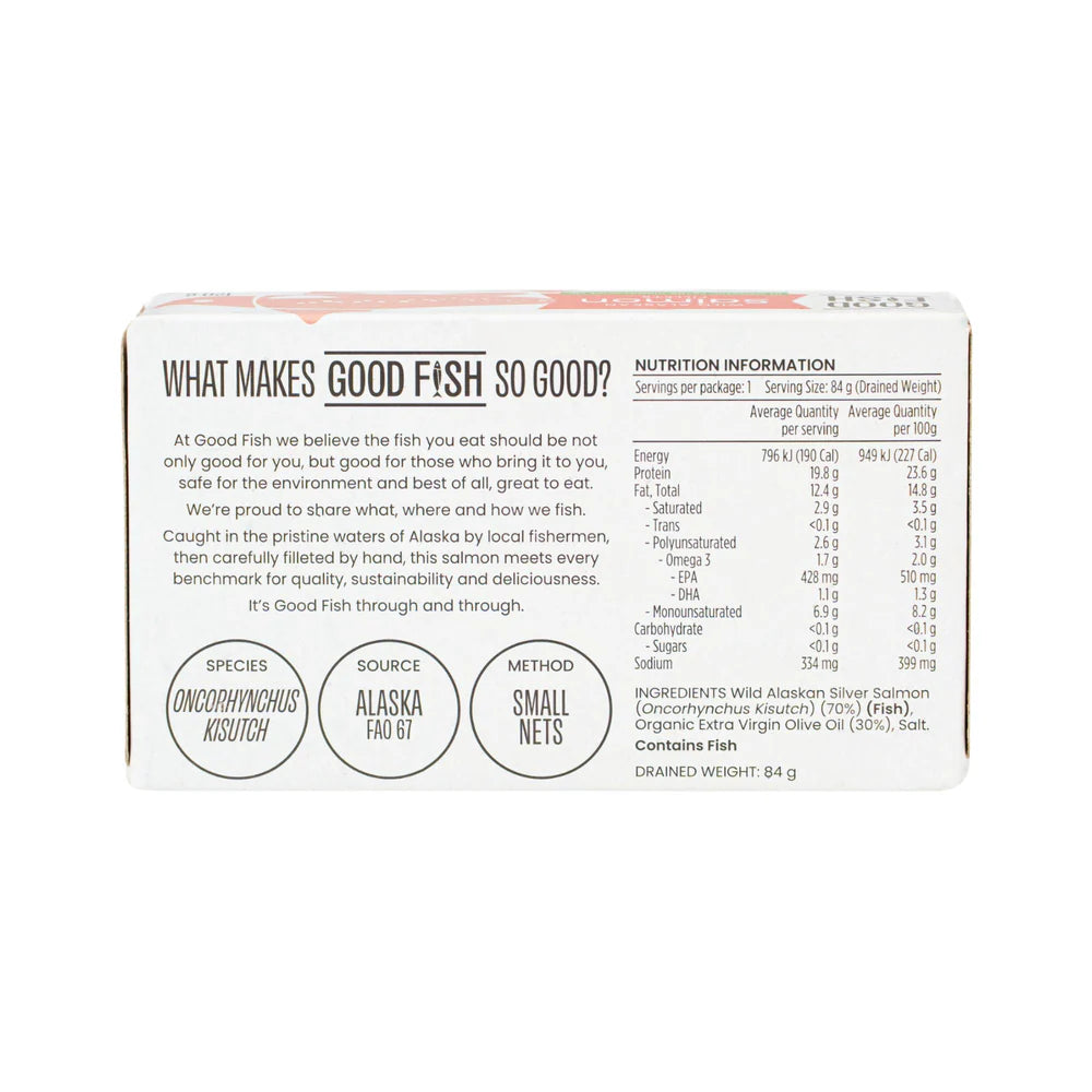 Good Fish Wild Caught Alaskan Salmon Fillets 120g, In Organic Extra Virgin Olive Oil  {BPA-Free Lining}