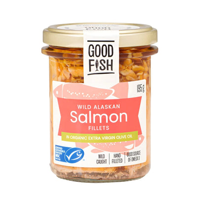 Good Fish Wild Alaskan Salmon Fillets 195g, In Organic Extra Virgin Olive Oil {Glass Jar}