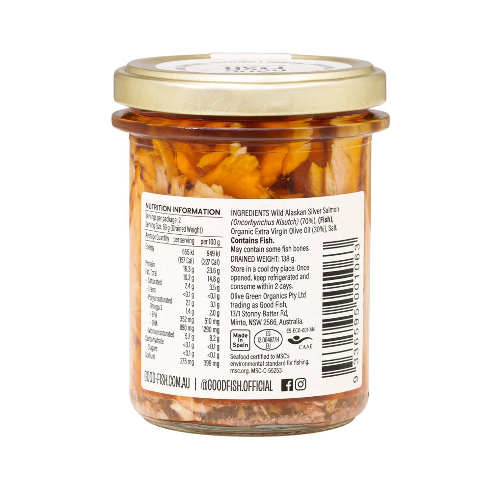 Good Fish Wild Alaskan Salmon Fillets 195g, In Organic Extra Virgin Olive Oil {Glass Jar}