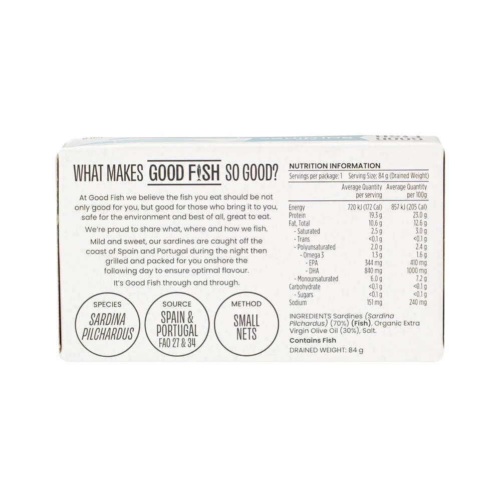 Good Fish Sardines 120g, In Organic Extra Virgin Olive Oil {BPA-Free Lining}