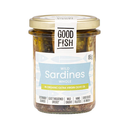 Good Fish Wild Whole Sardines 195g, In Organic Extra Virgin Olive Oil {Glass Jar}