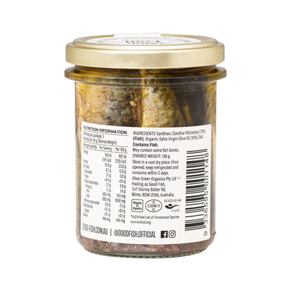 Good Fish Wild Whole Sardines 195g, In Organic Extra Virgin Olive Oil {Glass Jar}