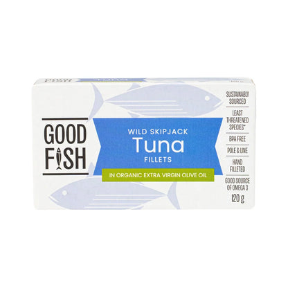 Good Fish Wild Skipjack Tuna Fillets In Organic Extra Virgin Olive Oil 120g, BPA-Free Lining
