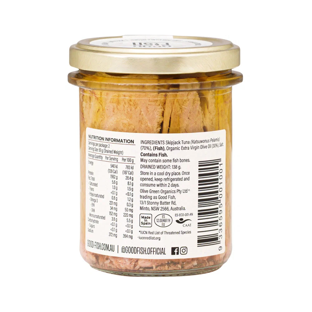 Good Fish Tuna Fillets 195g, In Organic Extra Virgin Olive Oil {Glass Jar}